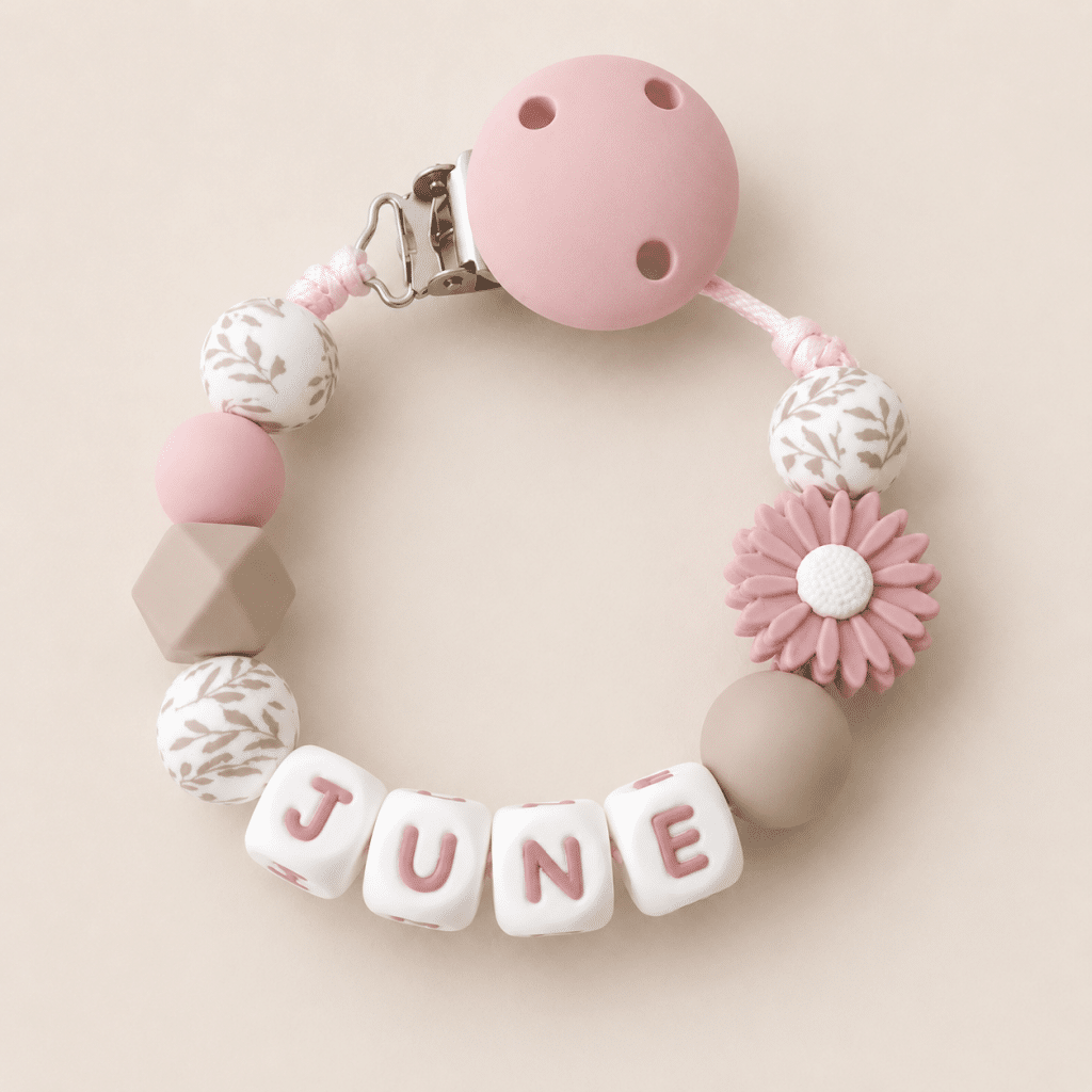 Speenkoord met naam ‘June' - Licht roze/ bloem/ zand