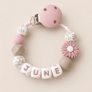 Speenkoord met naam ‘June' - Licht roze/ bloem/ zand