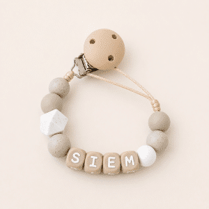 Speenkoord met naam ‘Siem’ -  Grijs/beige/zacht groen