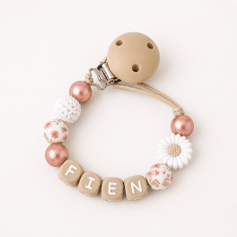 Speenkoord met naam ‘Fien’ - rose goud/flower/wit