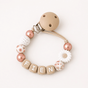 Speenkoord met naam ‘Fien’ - rose goud/flower/wit