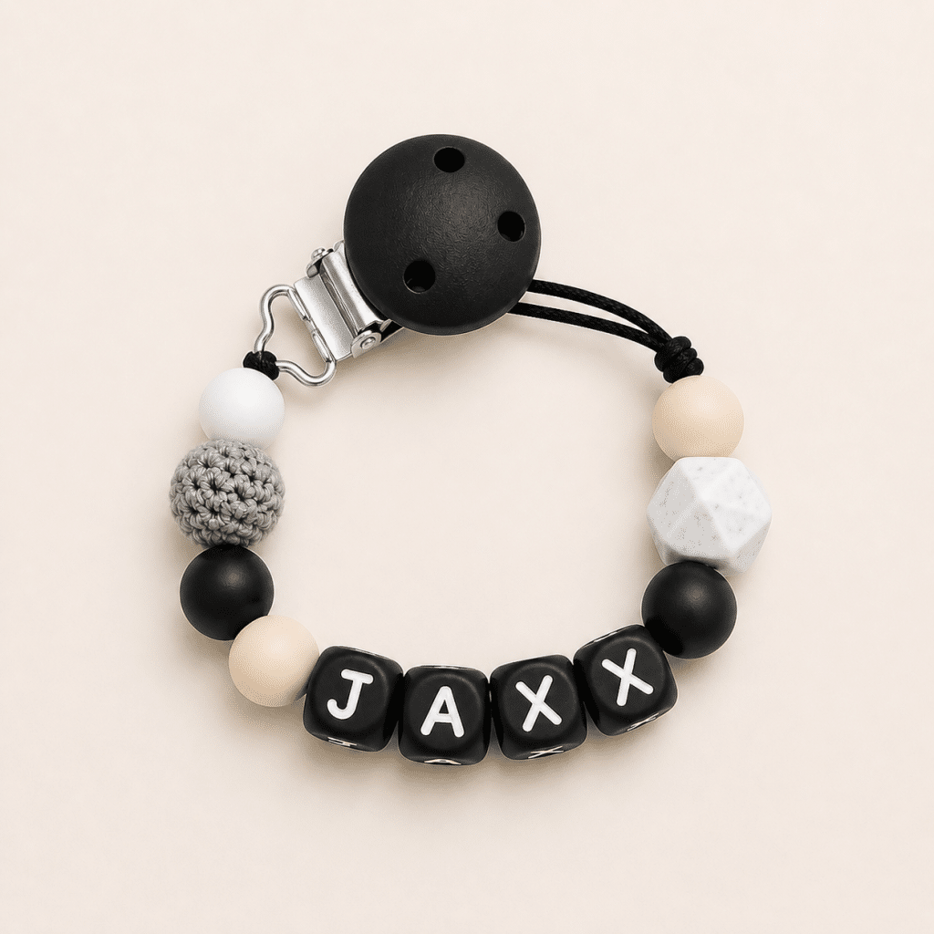 Speenkoord met naam ‘Jaxx’ - Zwart / Wit / Grijs