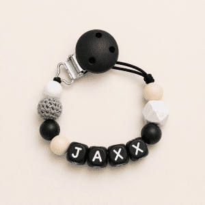 Speenkoord met naam ‘Jaxx’ - Zwart / Wit / Grijs