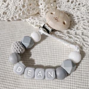 Speenkoord met naam ‘Dean' - Grijs / Wit / Marmer
