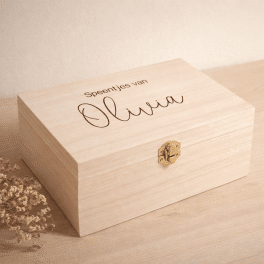 Houten bewaardoosje met naam – Gepersonaliseerde herinneringen box – Speentjes
