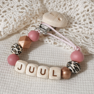 Speenkoord met naam ‘Juul’ -  Donker roze / Leopard / Bronze