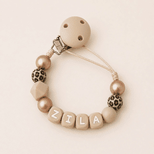 Speenkoord met naam ‘Zila’ - Rose goud/ beige / Leopard