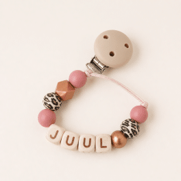 Speenkoord met naam ‘Juul’ -  Donker roze / Leopard / Bronze