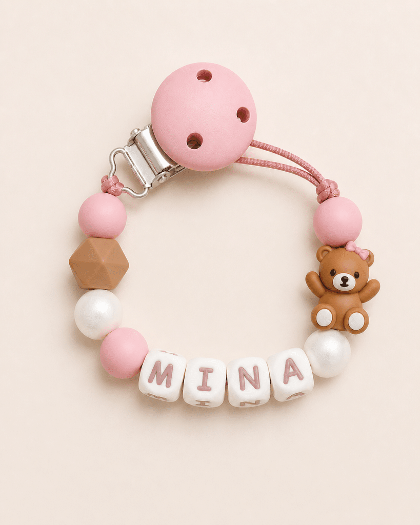 Speenkoord met naam ‘Mina’ - roze/beige/wit