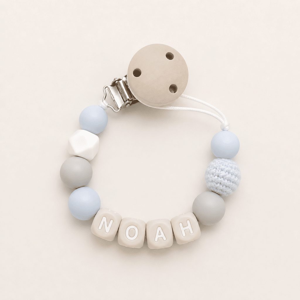 Speenkoord met naam ‘Noah’ - Baby blue/marmer wit/licht grijs