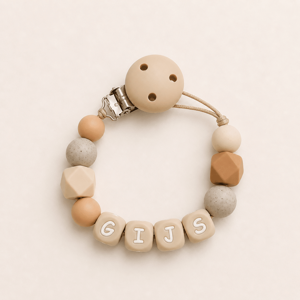 Speenkoord met naam ‘Sem’ - sand / mocca/