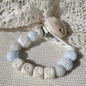 Speenkoord met naam ‘Noah’ - Baby blue/marmer wit/licht grijs