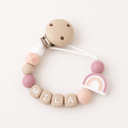 Speenkoord met naam ‘Mila’ regenboog/wit/roze/zalm roze