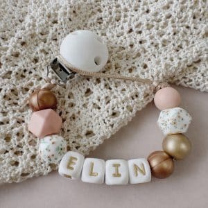 Speenkoord met naam ‘Elin’ - Bronze / Zalm roze / Goud / Flower