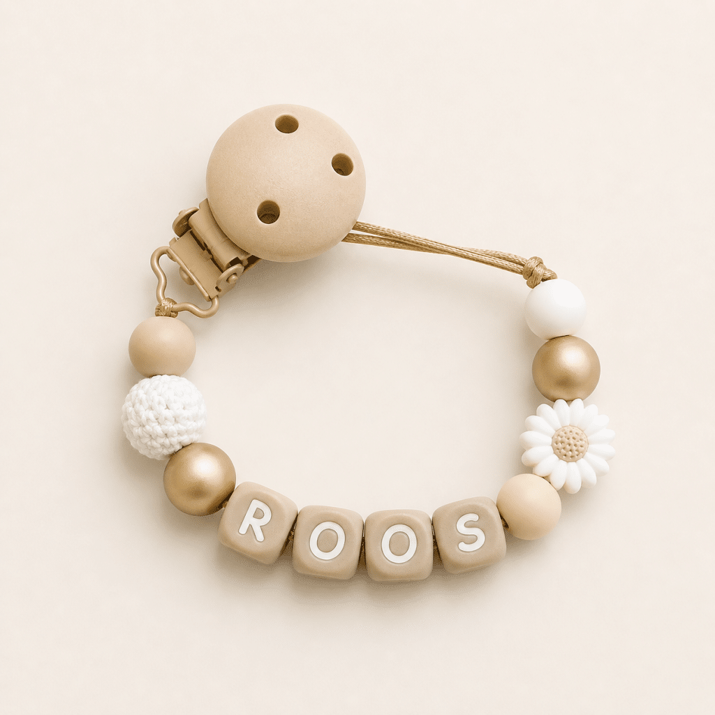 Speenkoord met naam ‘Roos’ - madelief / Goud / Beige