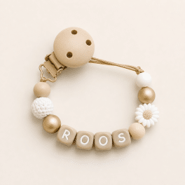 Speenkoord met naam ‘Roos’ - madelief / Goud / Beige