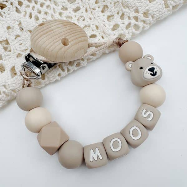 Speenkoord met naam ‘Moos’ - Beige/zand/beertje