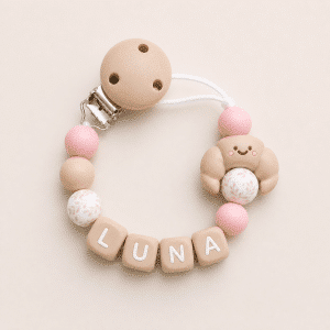 Speenkoord met naam ‘ Luna’  -  Roze / Print kraal / Croissant
