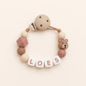 Speenkoord met naam ‘Loes ’ -  /roze/ Beige/ beertje