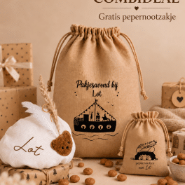Sinterklaas combiset met naam – Pietenmuts, cadeauzak en gratis pepernootzakje